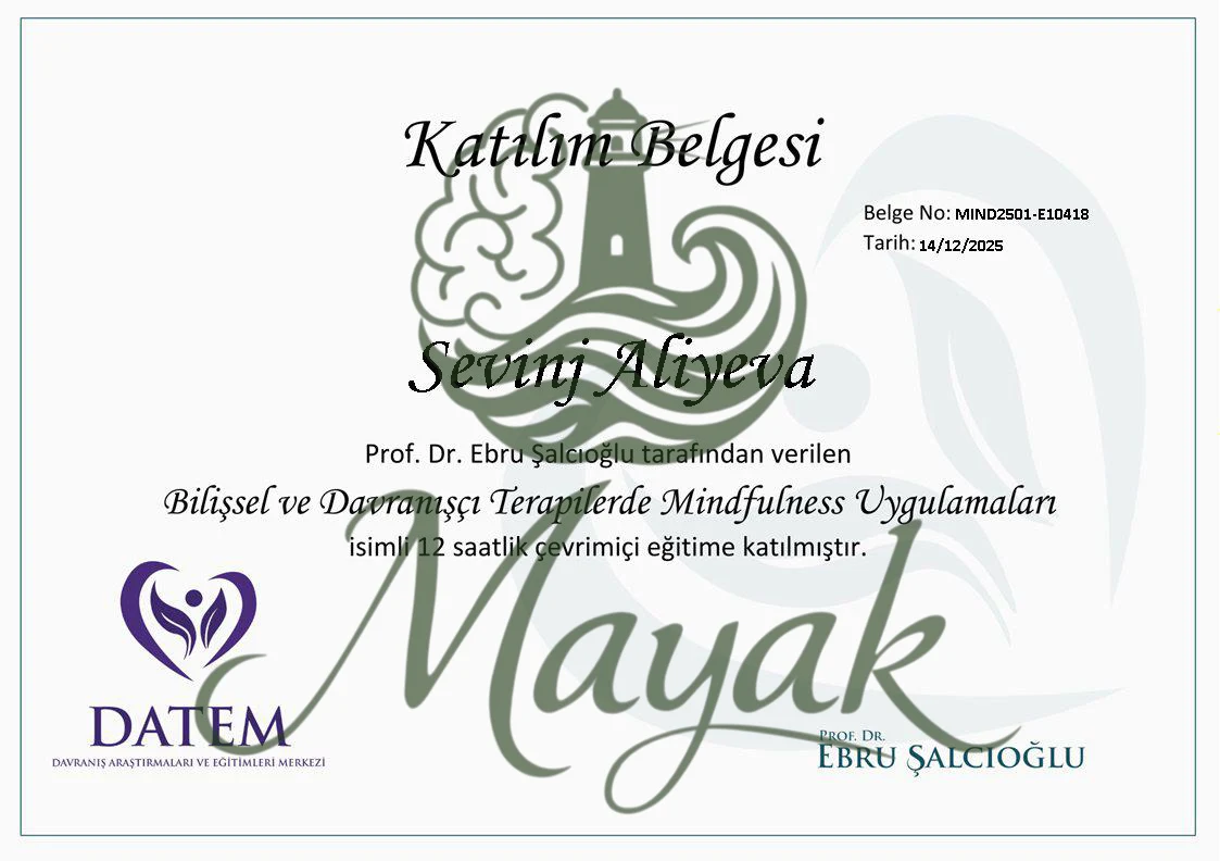 Koqnitiv və Davranışçı Terapiyada Mindfulness Tətbiqləri Təlimi