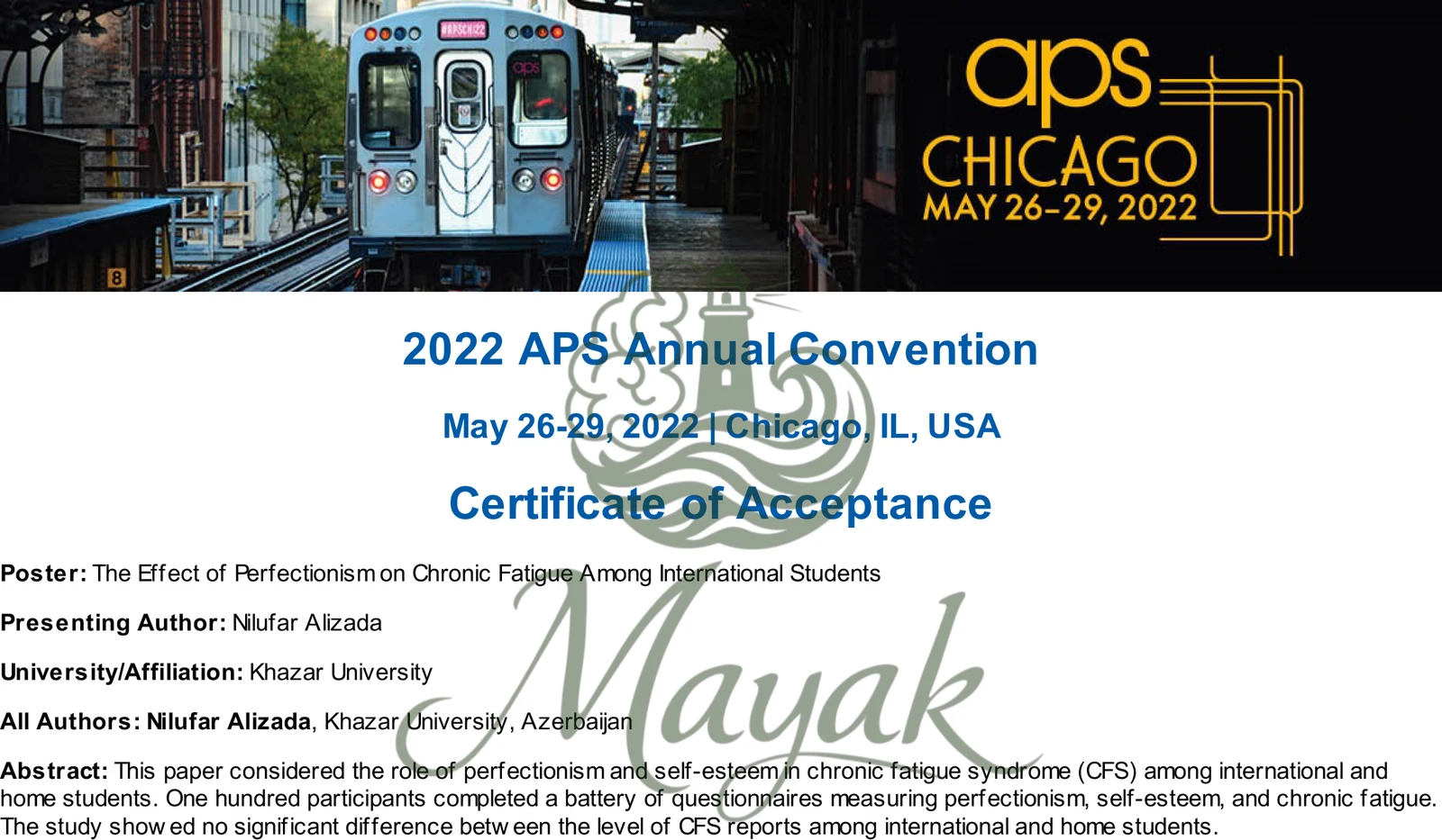 Association for Psychological Science (APS) – 38-ci İllik Beynəlxalq Psixologiya Simpoziumunda Elmi Poster Təqdimatı | Çikaqo, ABŞ