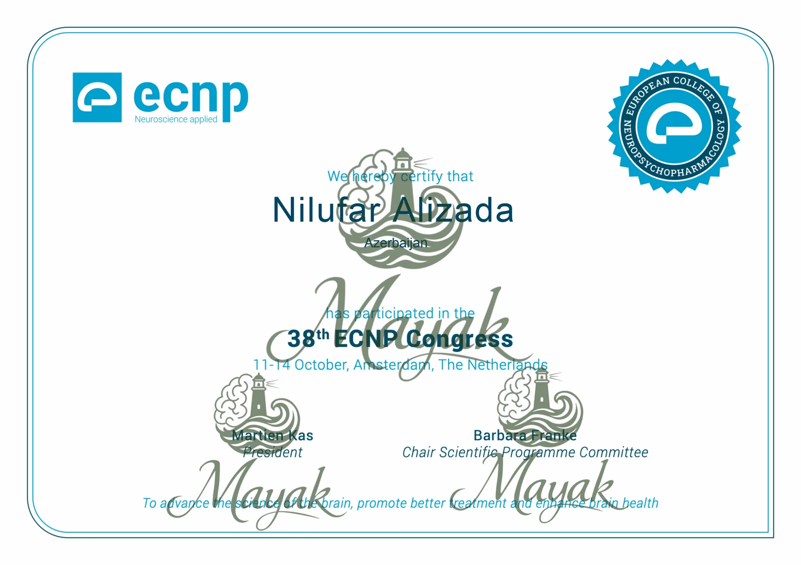 European College of Neuropsychopharmacology (ECNP), 38-ci Konqresi | Amsterdam