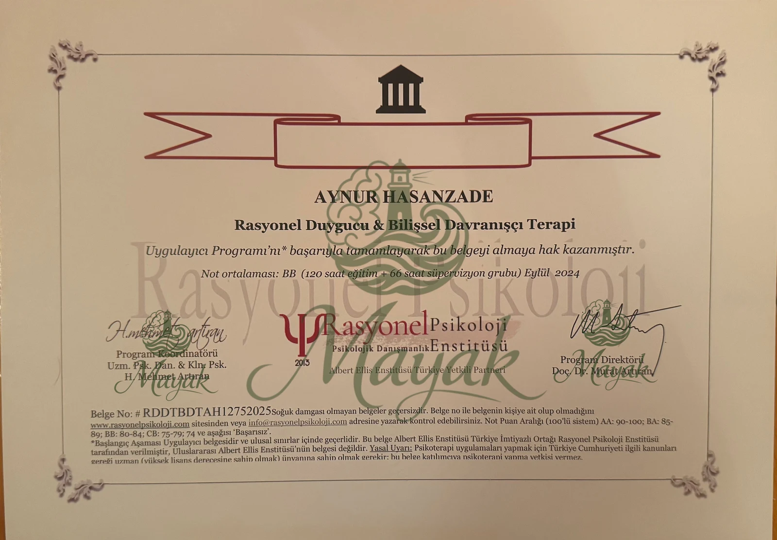 Rasional Emotiv və Koqnitiv Davranış Terapiyası (REBT/CBT) üzrə 186 saatlıq Peşəkar Tətbiq Sertifikatı