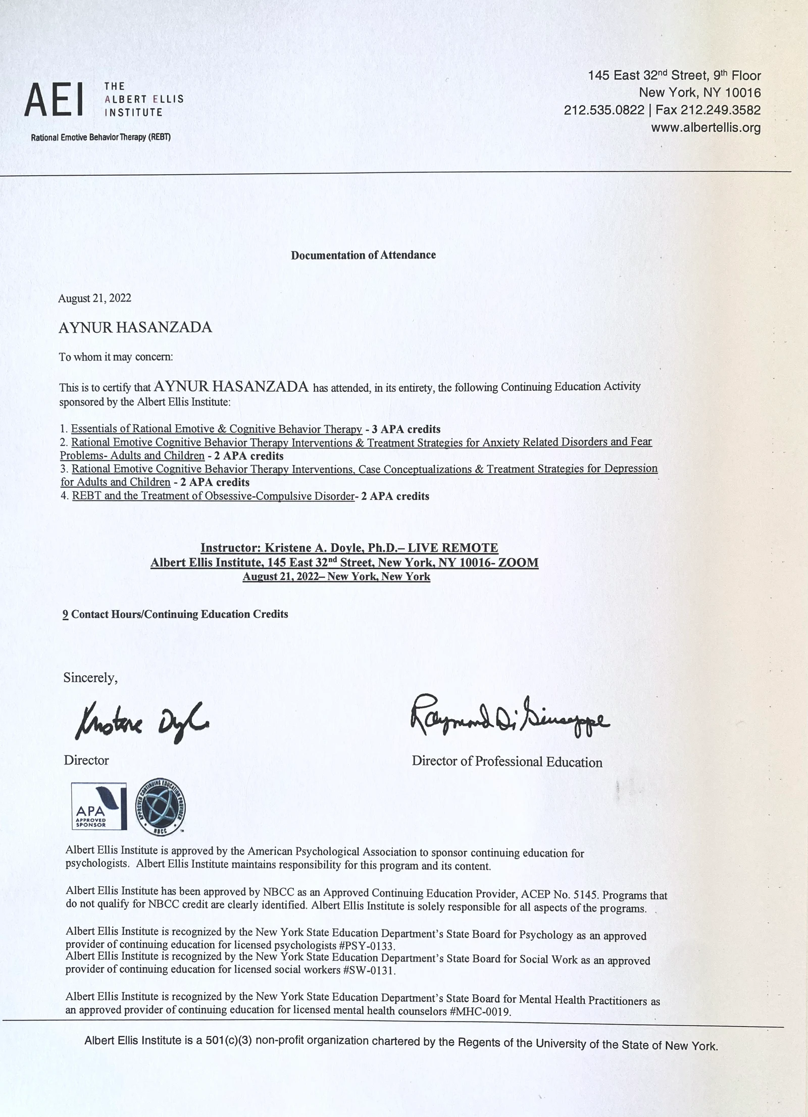 Koqnitiv Davranış Terapiyası (CBT) və Rasional Emotiv Davranış Terapiyası (REBT) üzrə Peşəkar Təlimin Tamamlanmasına dair Sertifikat