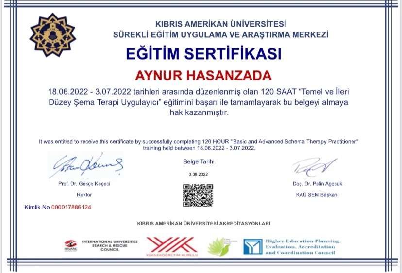 Sxem Terapiya üzrə Təməl və İrəli Səviyyə üzrə 120 saatlıq tətbiq Sertifikatı