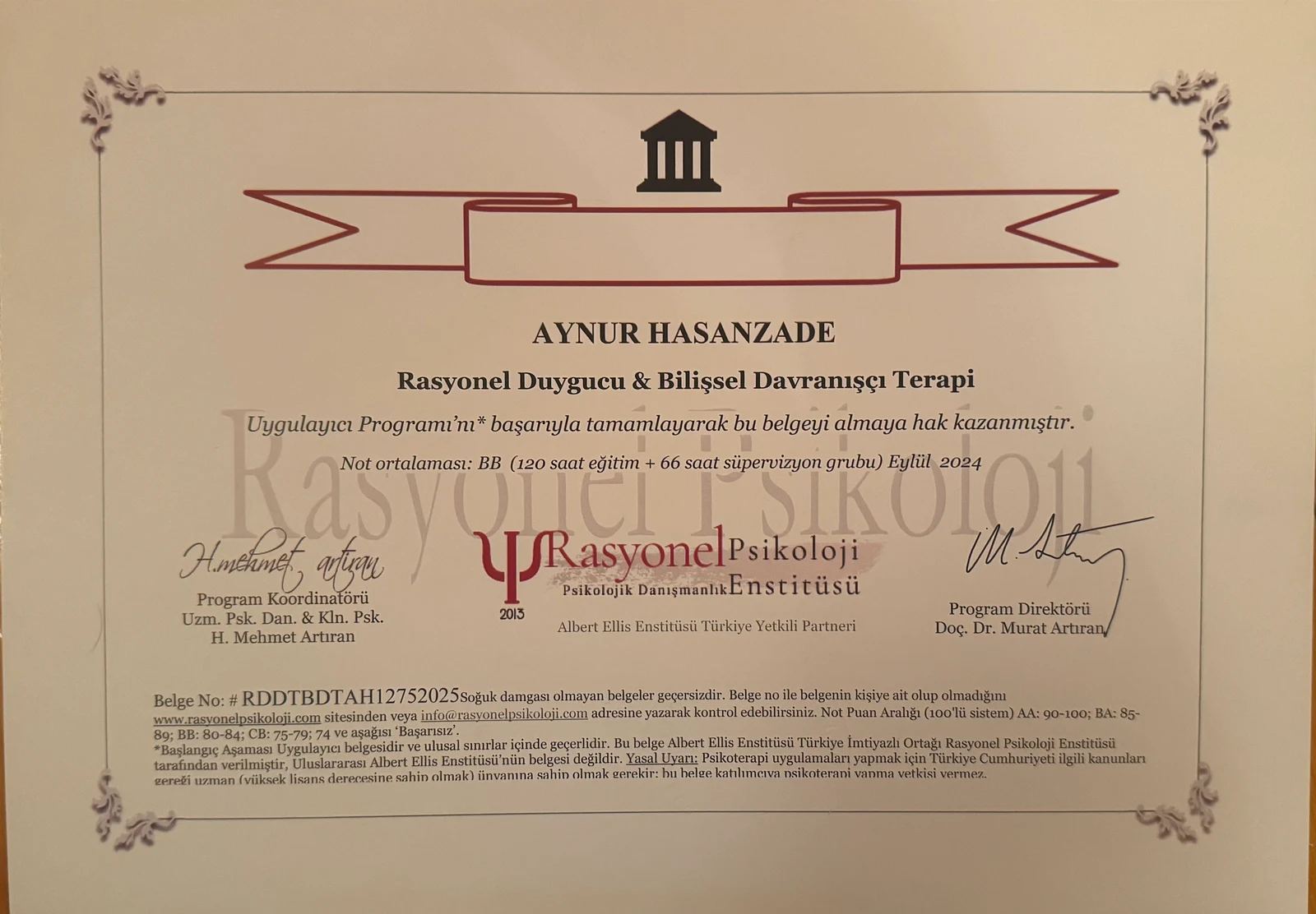 Rasional Emotiv və Koqnitiv Davranış Terapiyası (REBT/CBT) üzrə 186 saatlıq Peşəkar Tətbiq Sertifikatı