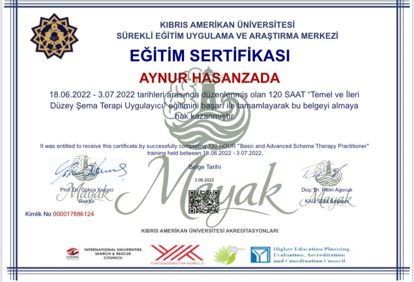 Sxem Terapiya üzrə Təməl və İrəli Səviyyə üzrə 120 saatlıq tətbiq Sertifikatı