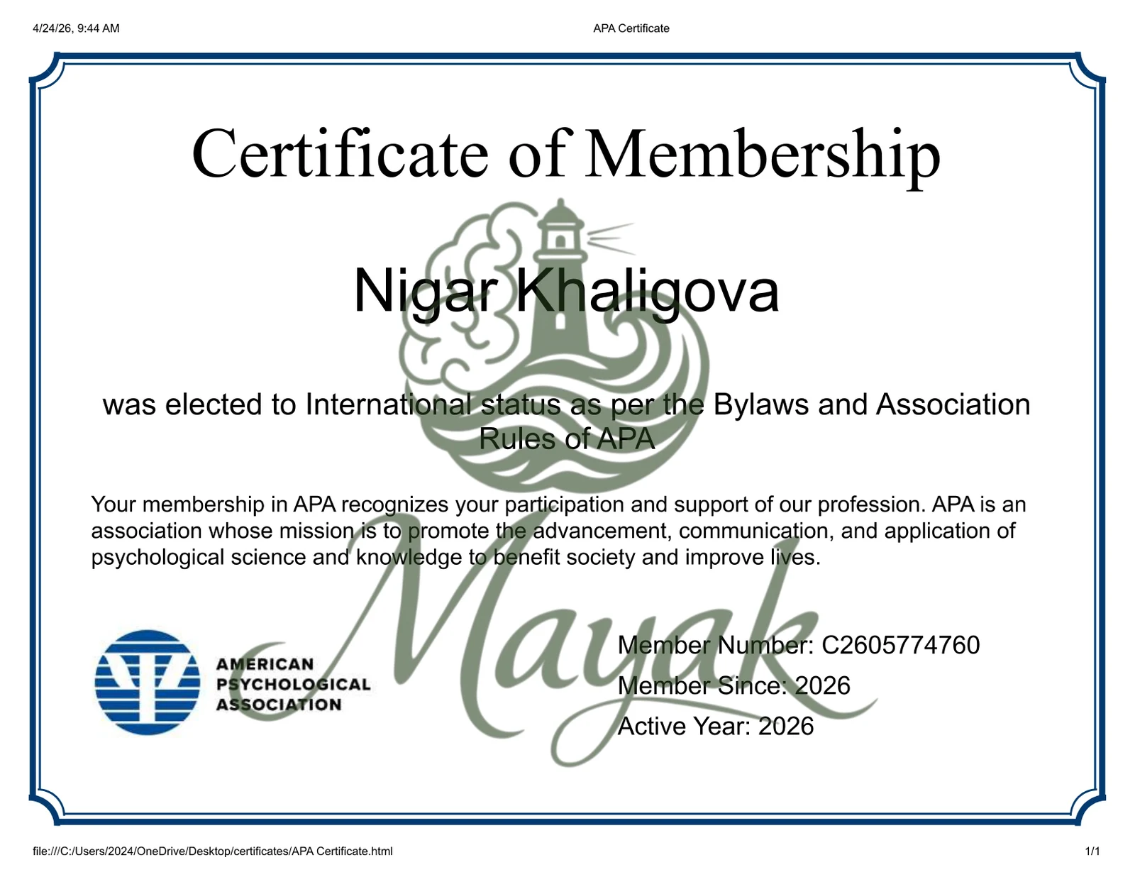 American Psychologists Association