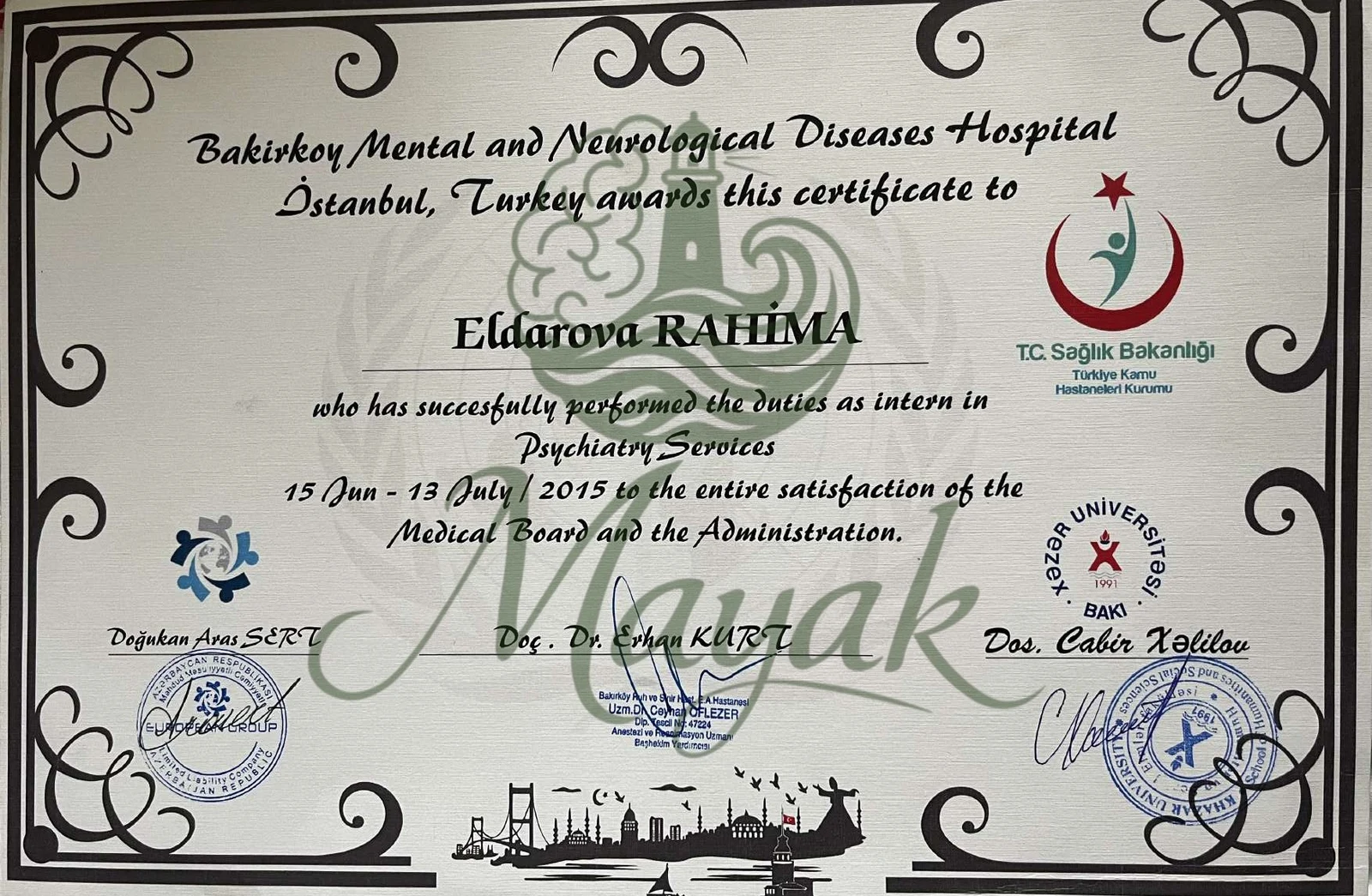 Bakırköy Psixi Sağlamlıq və Nevroloji Xəstəliklər Xəstəxanası, İstanbul, Türkiyə — Təcrübə Proqramı Sertifikatı