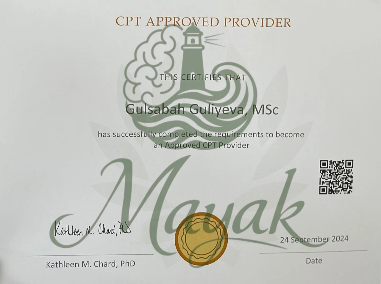Koqnitiv Prosessinq Terapiyası (CPT) üzrə beynəlxalq Approved CPT Provider statusu